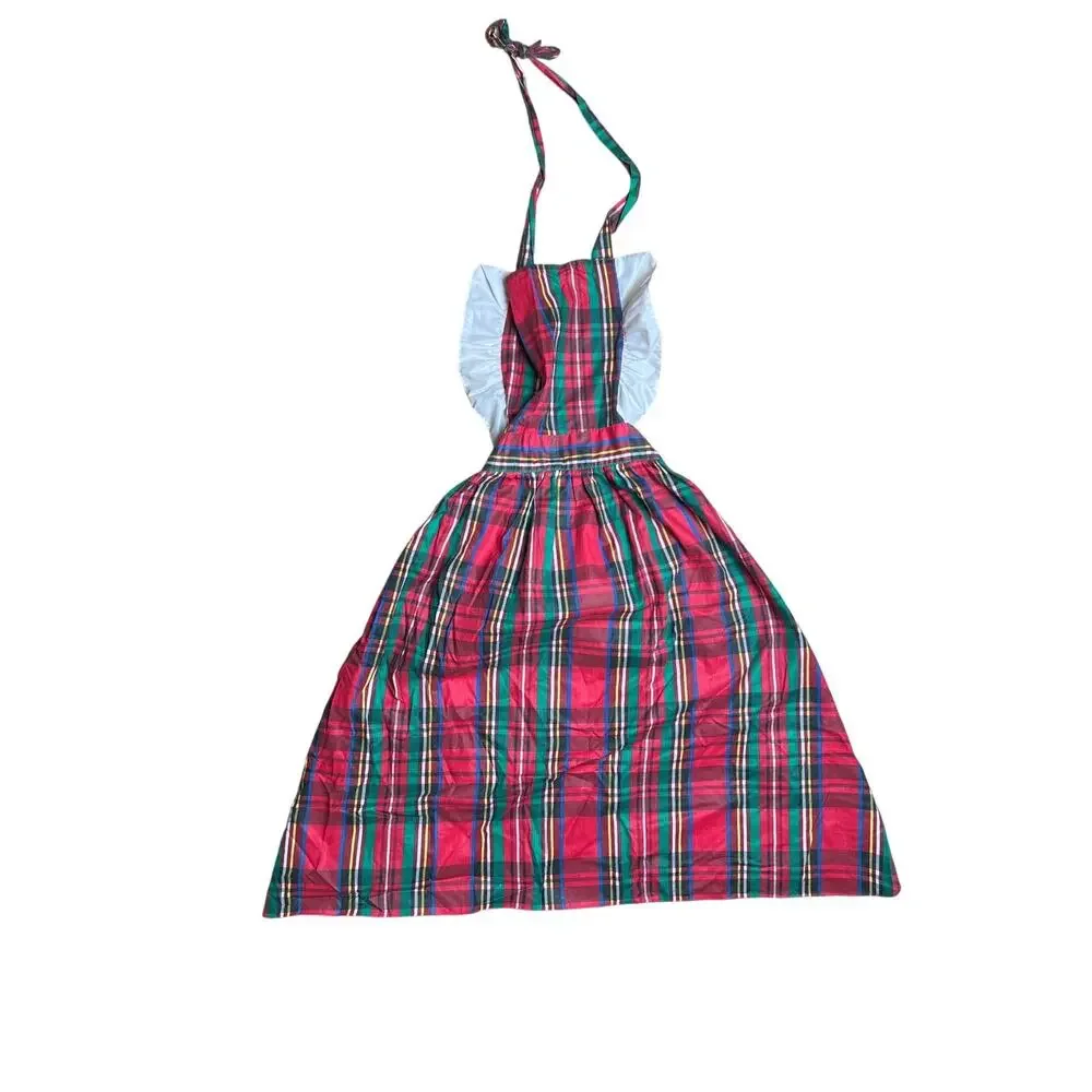 Vintage Full Apron Red Green Plaid 1980s Made In USA Christmas Tie Back Neck